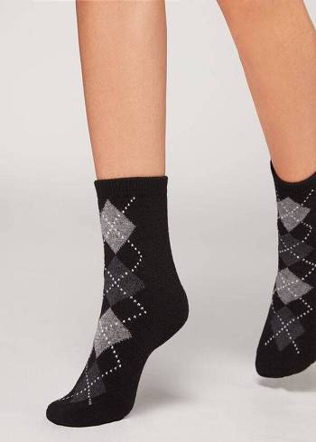 Calzedonia Diamond-Pattern Cashmere Kurzes Socken Damen Schwarz Grau | CH1780GL