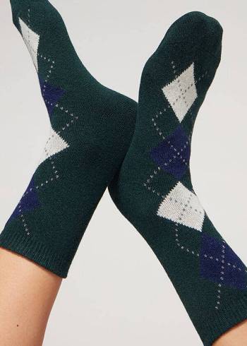 Calzedonia Diamond-Pattern Cashmere Kurzes Socken Damen Olivgrün | CH1785ZG