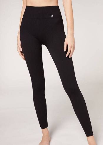 Calzedonia Fine Gerippt Seamless Sport Leggings Damen Schwarz | CH1546GL