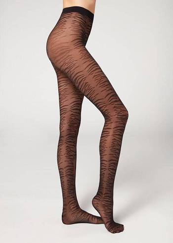 Calzedonia Flocked Tiger Text 50 Denier Patterned Strumpfhose Damen Schwarz | CH3094GL