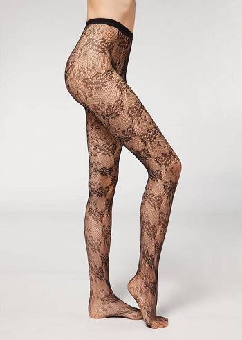 Calzedonia Floral Spitze-Motif Fishnet Patterned Strumpfhose Damen Schwarz | CH3092JJ