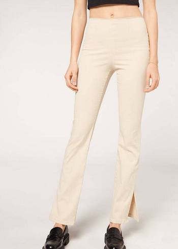 Calzedonia High-Taille Flared in Denim with Slits Hose Damen Braun Beige | CH1459YU