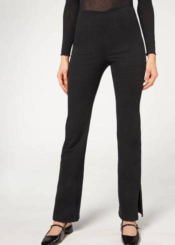 Calzedonia High-Taille Flared in Denim with Slits Leggings Damen Schwarz | CH1532QZ