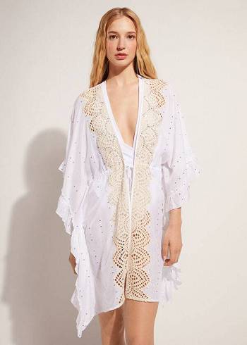 Calzedonia Kimono Caftan with Sangallo Spitze and Sequins Cover-Ups Damen Weiß | CH2106EX