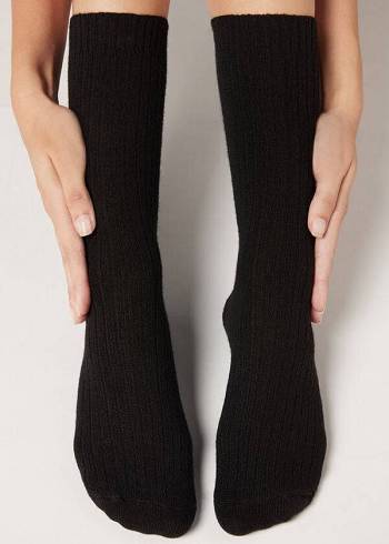 Calzedonia Kurzes Gerippt with Wolle and Cashmere Socken Damen Schwarz | CH1674DN