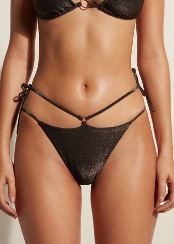 Calzedonia Lamé Brazilian Side String Hollywood Bikinihosen Damen Schwarz | CH2706RW