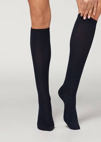 Calzedonia Long Gerippt Cashmere Socken Damen Blau | CH1944VD