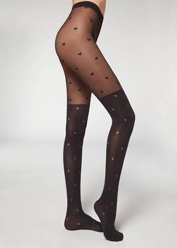 Calzedonia Longuette-Effect Mini Heart-Motif Patterned Strumpfhose Damen Schwarz | CH3080EX