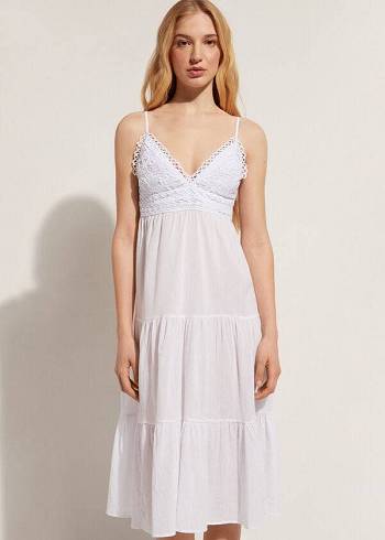 Calzedonia Midi Kleider in Macramé Spitze and Ruffled Skirt Cover-Ups Damen Weiß | CH2087PQ