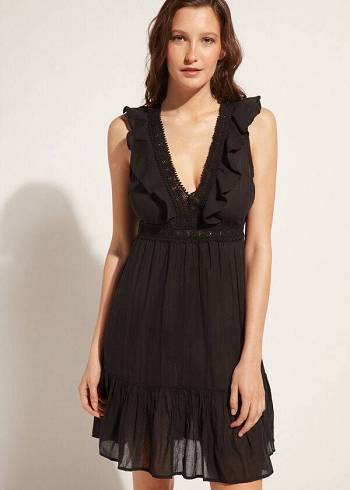 Calzedonia Mini Kleider with Ruffle and Passementerie Cover-Ups Damen Schwarz | CH2085IS