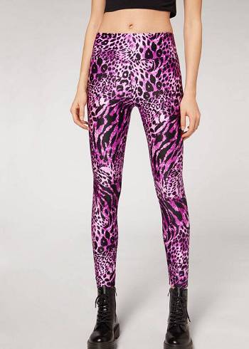 Calzedonia Shiny Animal-Print Turn Leggings Damen Rosa | CH1509RW