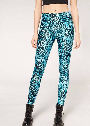 Calzedonia Shiny Animal-Print Turn Leggings Damen Türkis | CH1510TV