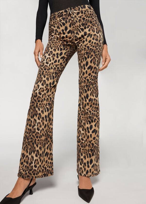 Calzedonia Animal Print Flared Jeans Damen Braun | CH1630XF