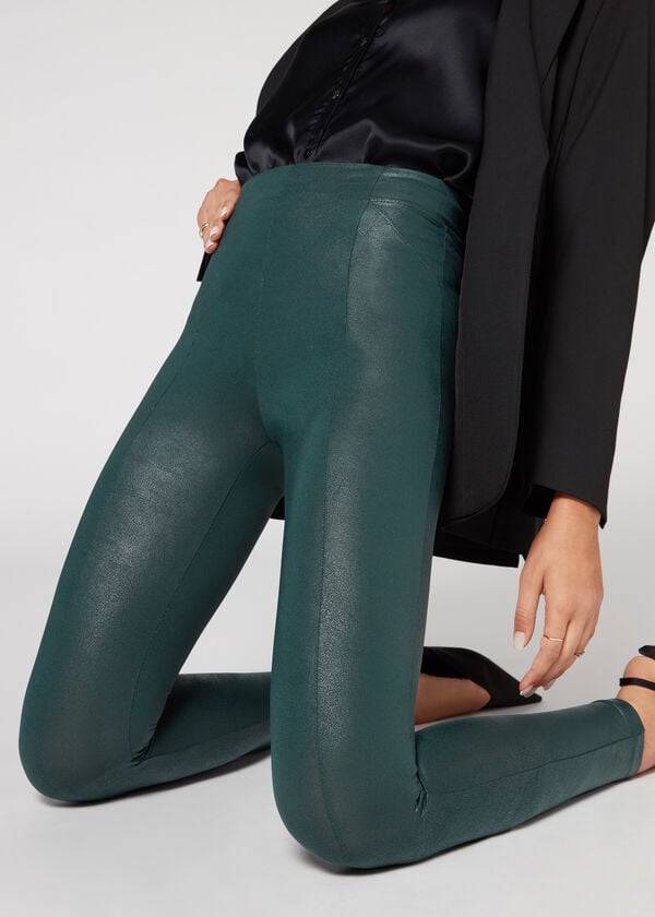 Calzedonia Coated Total Shaper Biker Leggings Damen Grün | CH1558QZ