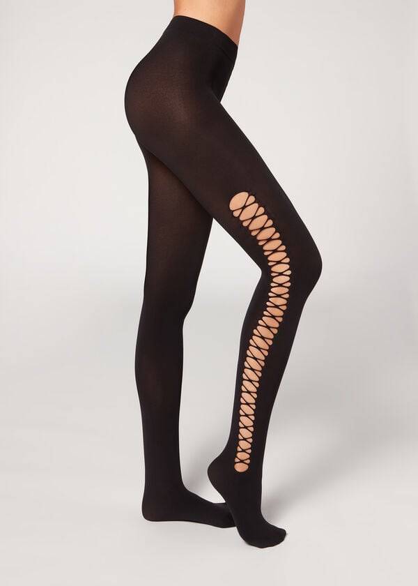 Calzedonia Crisscross Cut-Out Opaque 90 Denier Patterned Strumpfhose Damen Schwarz | CH3101IS