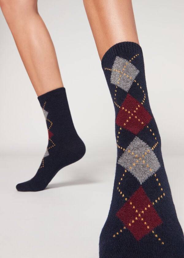 Calzedonia Diamond-Pattern Cashmere Kurzes Socken Damen Blau Rot | CH1779FM