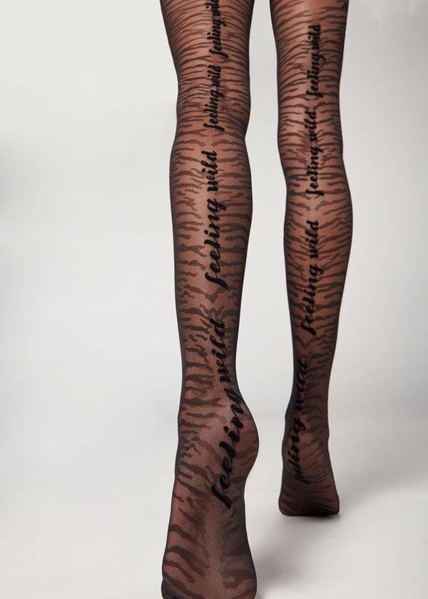 Calzedonia Flocked Tiger Text 50 Denier Patterned Strumpfhose Damen Schwarz | CH3094GL