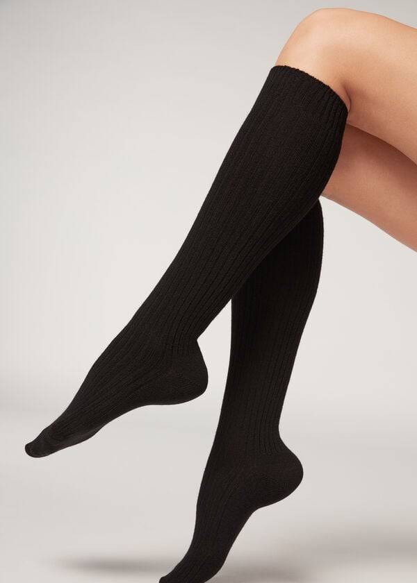 Calzedonia Gerippt Long with Wolle and Cashmere Socken Damen Schwarz | CH1935FM