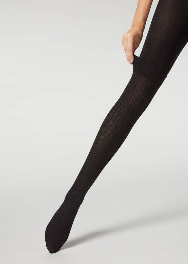 Calzedonia Gerippt Longuette Effect with Cashmere Patterned Strumpfhose Damen Schwarz | CH3066NB