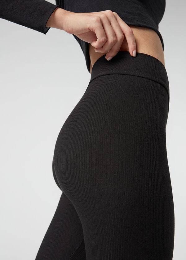 Calzedonia Gerippt with Cashmere Leggings Damen Schwarz | CH1516AP