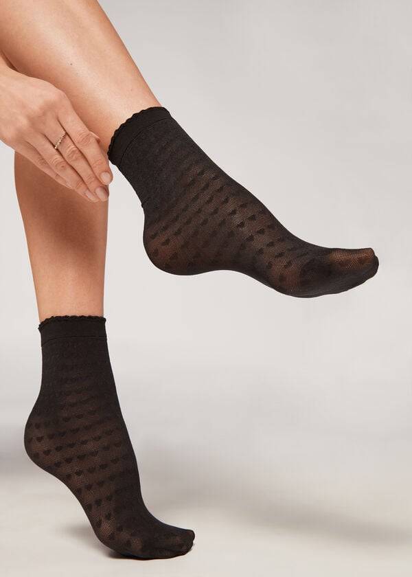 Calzedonia Heart Motif Mesh Kurzes Socken Damen Schwarz | CH1748OR