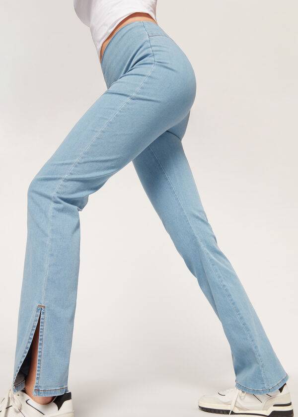 Calzedonia High-Taille Flared in Denim with Slits Leggings Damen Blau | CH1531MA