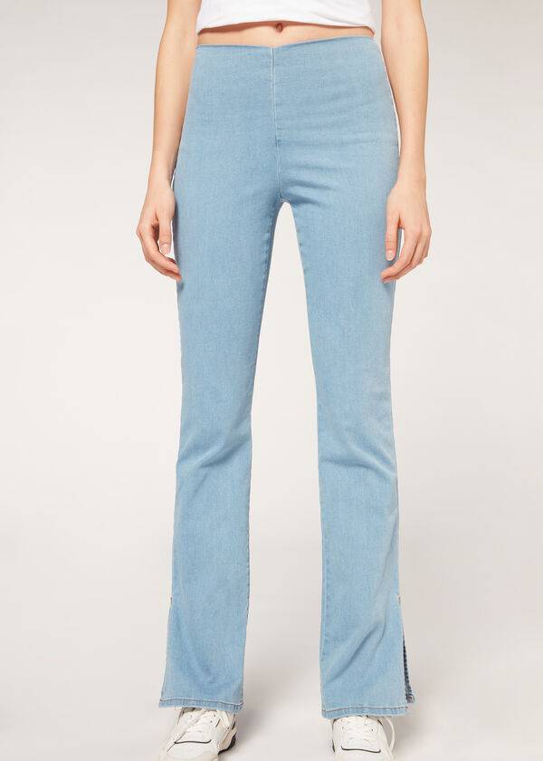 Calzedonia High-Taille Flared in Denim with Slits Leggings Damen Blau | CH1531MA