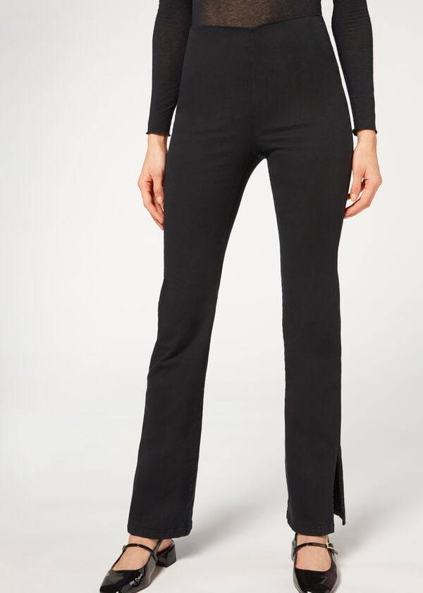 Calzedonia High-Taille Flared in Denim with Slits Leggings Damen Schwarz | CH1532QZ