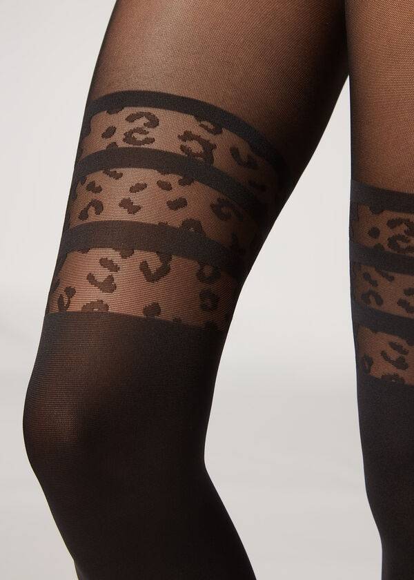 Calzedonia Longuette-Effect Animal-Print Patterned Strumpfhose Damen Schwarz | CH3081WY