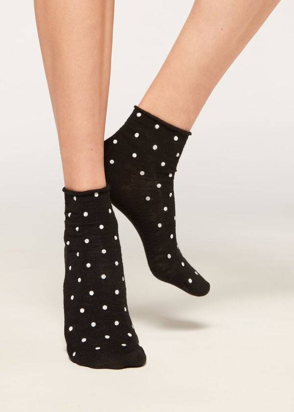 Calzedonia Polka Dot Motif Kurzes with Linen Socken Damen Schwarz | CH1724AP