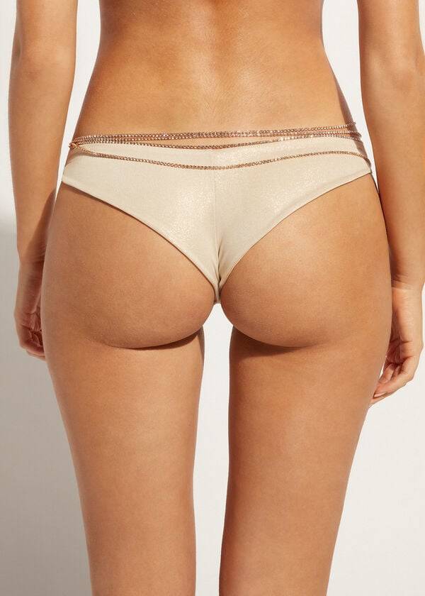 Calzedonia Rhinestone Brazilian Luxor Bikinihosen Damen Gold | CH2676UT