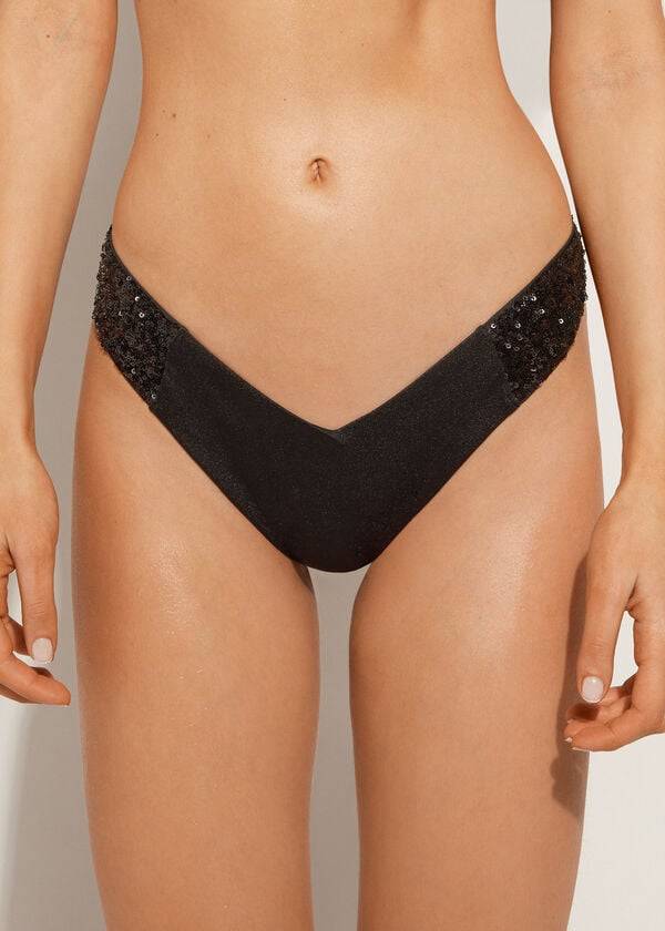 Calzedonia Sequined High-Cut Brazilian Cannes Cheeky Bikinihosen Damen Schwarz | CH2646AP