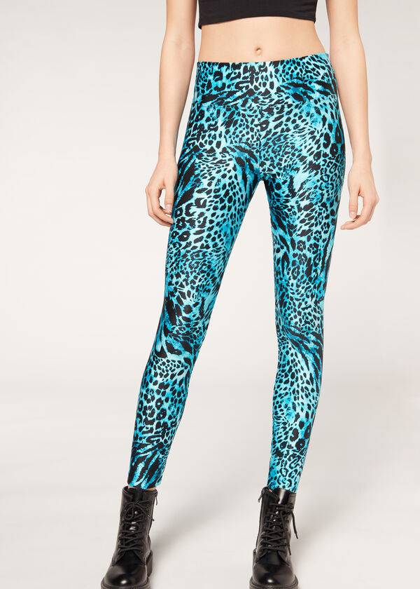 Calzedonia Shiny Animal-Print Turn Leggings Damen Türkis | CH1510TV