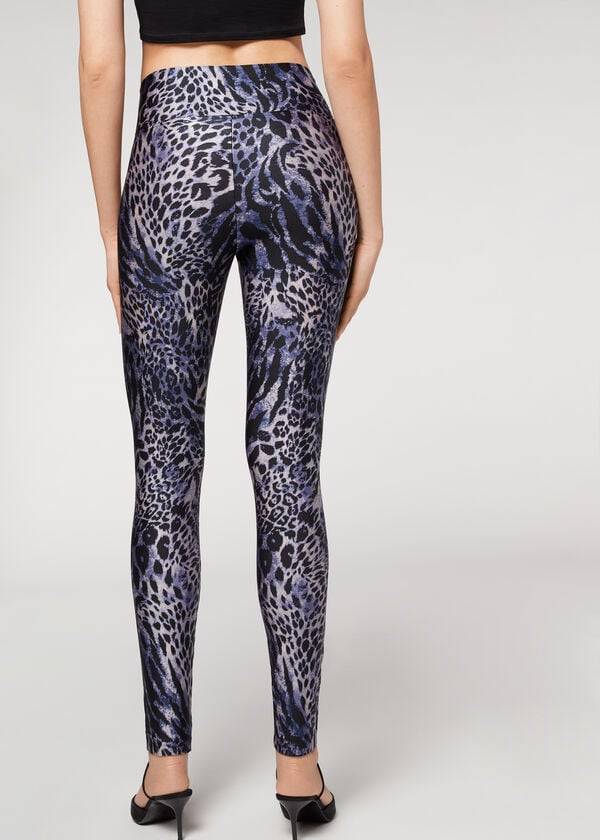 Calzedonia Shiny Animal-Print Turn Leggings Damen Blau Grau | CH1511YU