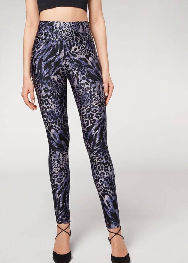 Calzedonia Shiny Animal-Print Turn Leggings Damen Blau Grau | CH1511YU